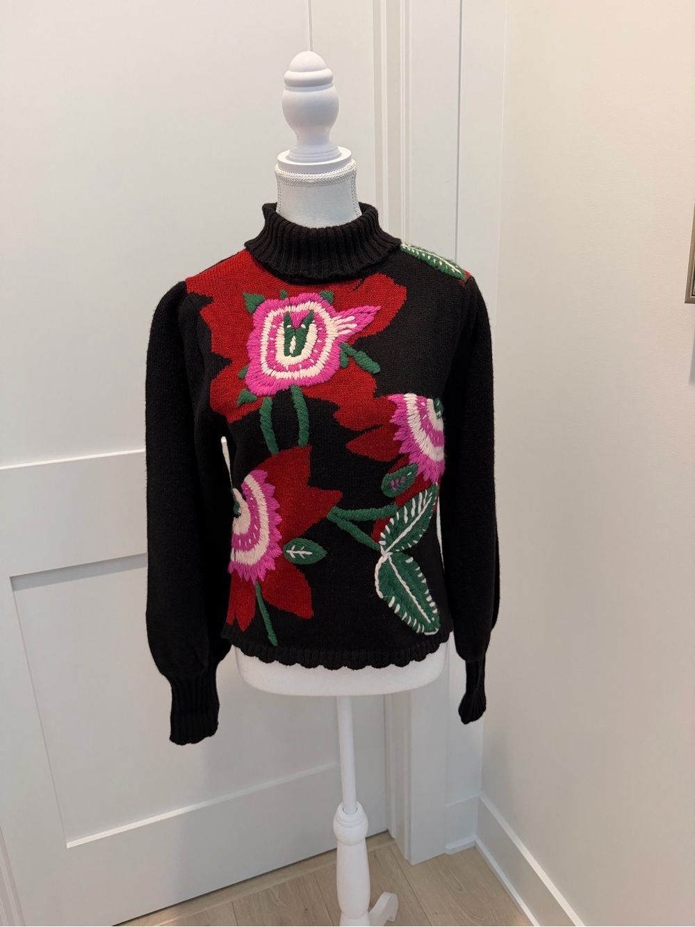 Farm Rio Black Floral Bold Colorful Mock-Neck Sweater Embroidered Flowers XS NEW - Picture 3 of 12